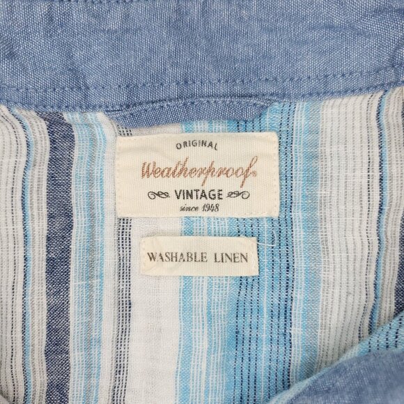 Weatherproof Button Shirt Mens XL Blue Washable Linen Blend Pocket Striped - Picture 2 of 9